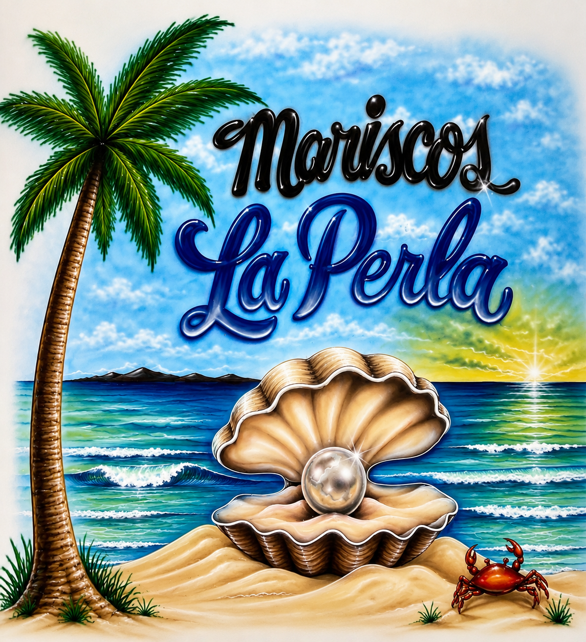 Mariscos La Perla — mural con palmera, concha y perla frente al mar